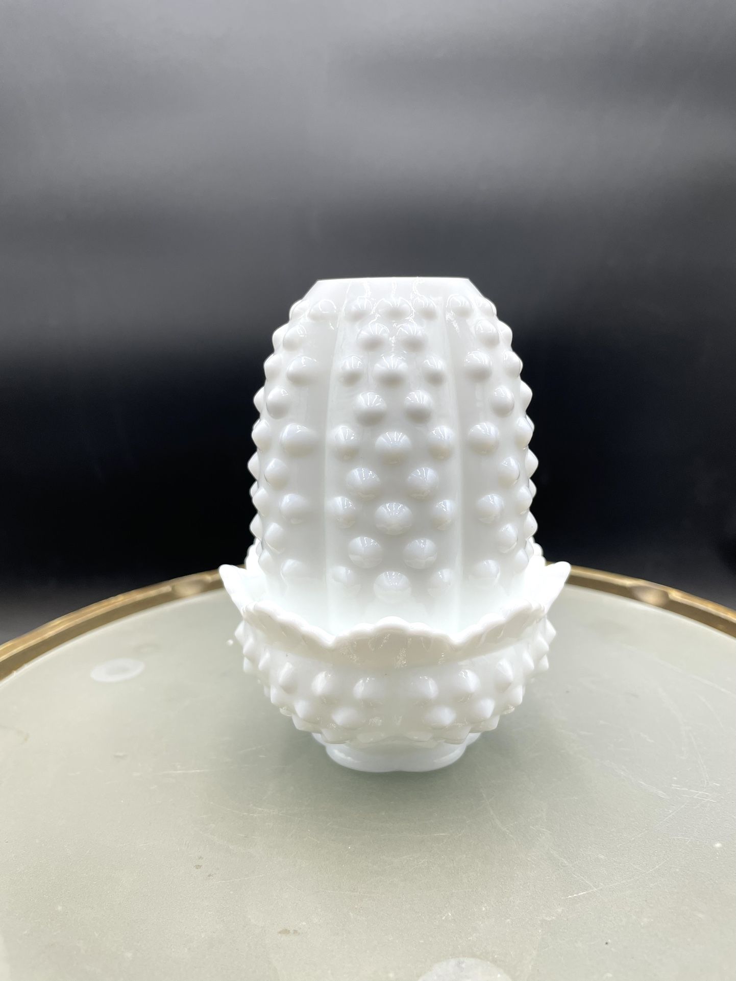 Vintage Two Piece Fenton White Milk Glass Hobnail Fairy Lamp 4.5” VG