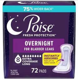 Poise Overnight Pads, 8 Drop, 72 Ct