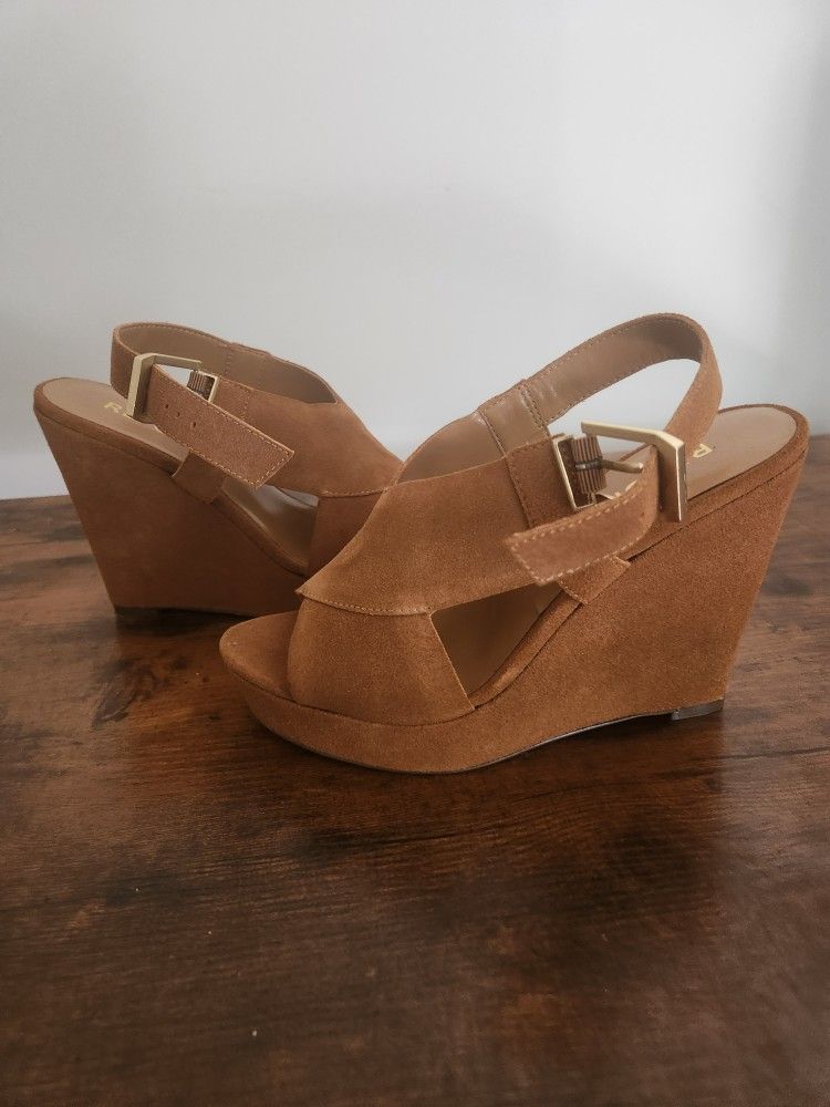 Storage Clean Out - Faux Suede Cognac Wedges, Size 9