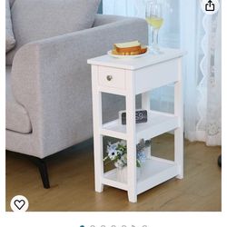 End Table, 3-Tier White Nightstand with Drawer and 2 Shelves