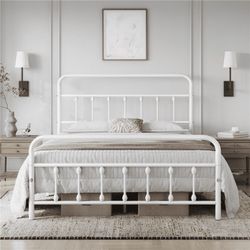 Full Size Metal Platform Full Bed with High Headboard, All Ages, White