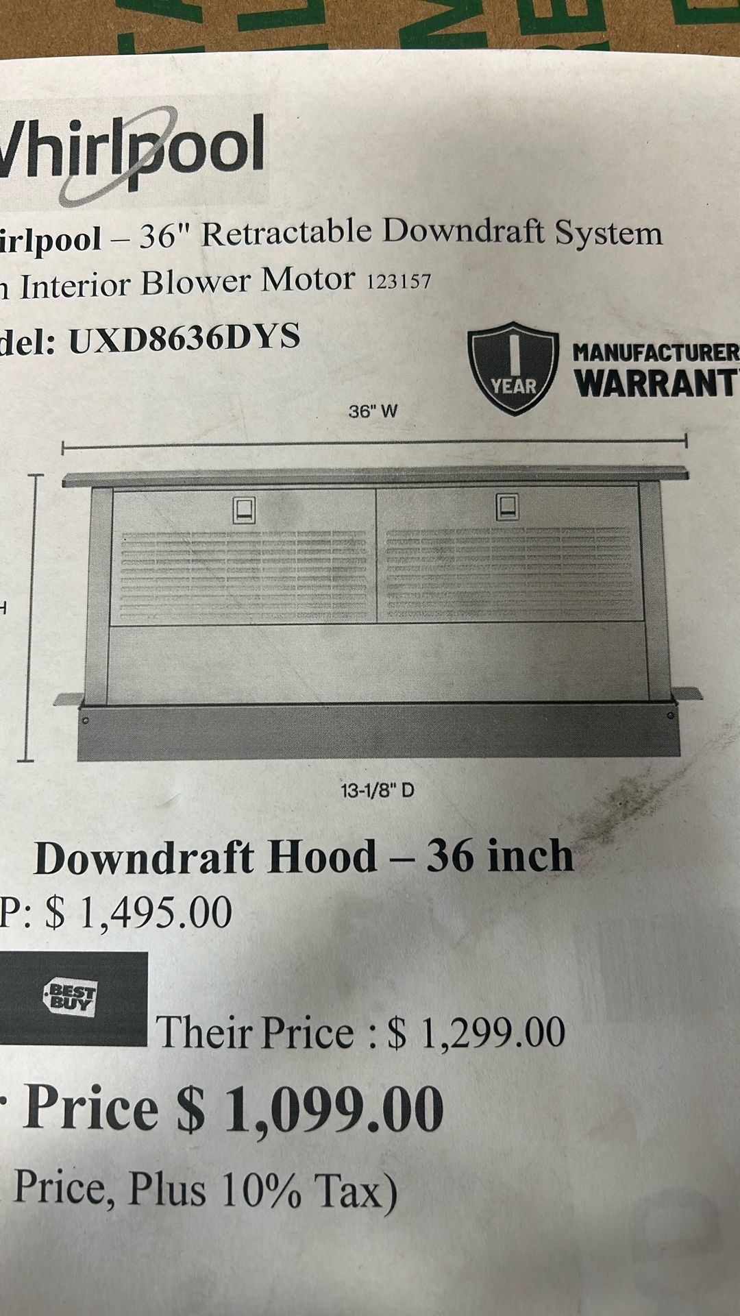 Whirlpool 600 CFM 36 Inch Wide Stainless Steel Downdraft Range Hood with Touch-Activated Telescoping Action