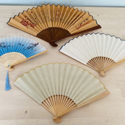 Vintage Handheld Fabric Paper Folding Fans Lot Of 4 Calligraphy 
