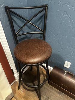 One Beautiful Metal Swivel Barstool, Brown Leather Seat