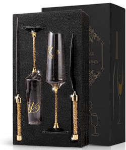 Wedding Cake Knife and Server Set, Champagne Flutes Print Mr and Mrs for Bride and Groom Toasting Glasses Wedding Bridal Shower Gifts