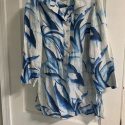 Chico's Womens Blue White Leaves Woven 3/4 Sleeve Collared Tunic Top Size 0