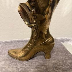 Vintage Solid Brass Victorian Lady's Boot Shoe Vase Planter Distressed Heavy