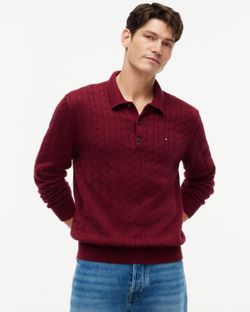 Tommy Hilfiger Men's Long-Sleeve Cable Knit Sweater Polo – Burgundy, Size M