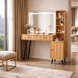 44" W x 55" H Vanity Desk Mirror with Light, Makeup Vanities Large Wave Fluted Dressing Table & 2 Dr