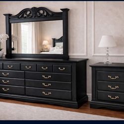 READ! Black Dresser + Mirror + Nightstand Set