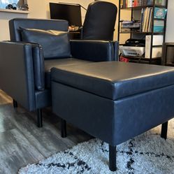 Faux Leather Accent Chair with Storage Ottoman Set
