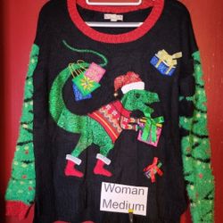 Women's T-rex Christmas Ugly Sweater MEDIUM