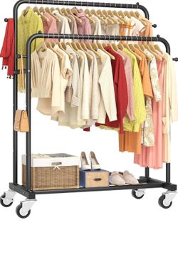 NEW Double Clothes Garment Rack Rolling Black - $25
