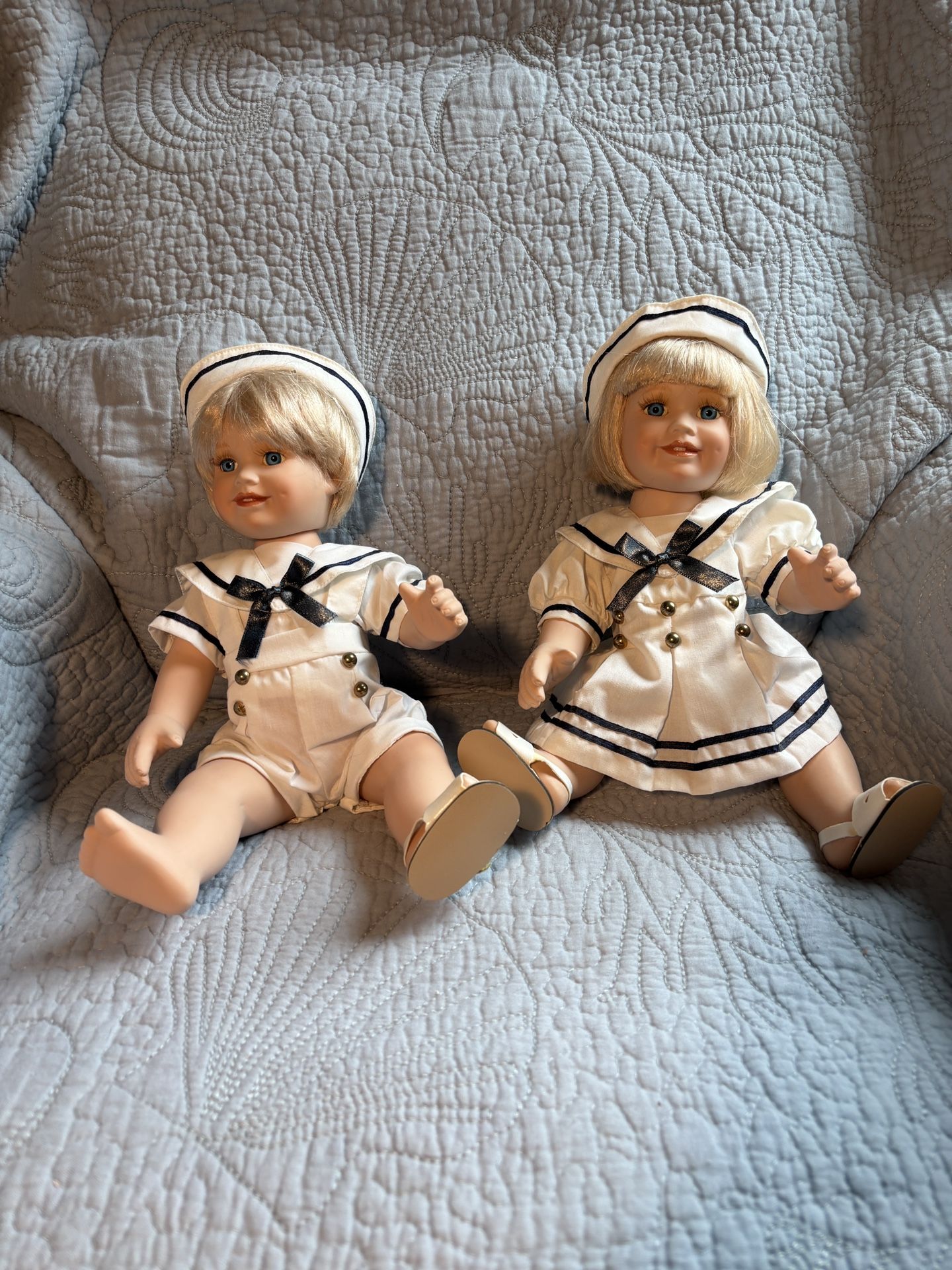 $10 Pair Of Sailor Dolls, Sitting 8 Inches Tall Absolutely Adorable With Blonde Hair Blue And White Outfits Missing One Shoe