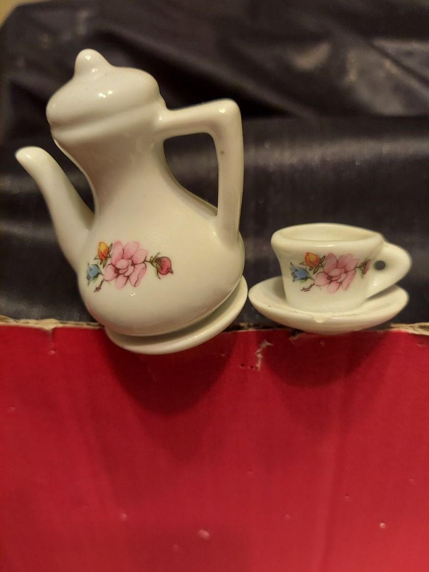 2 PLANT PICKS: Decorative CHINA Or PORCELAIN FLORAL PICKS in adorable TEA Pot or COFFEE POT with matching CUP & SAUCER. Matching floral design