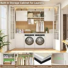 Modern white 65''W Laundry Cabinet with 2 Doors & Shelves, Reversible Build in Medicine Cabinet with Shelf Towers, Small Storage Cabinet for