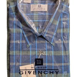 NEW NWT Monsieur Givenchy Men’s XL (17 – 34/35) Short‐Sleeve Blue & Green Plaid Shirt – 55% Cotton / 45% Polyester, Factory-Sealed