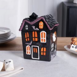 $12 Way to        Celebrate Halloween Ceramic Haunted House        Treat Jar, Food Storage HARD TABLETOP this        treat jar is a removable top ( th