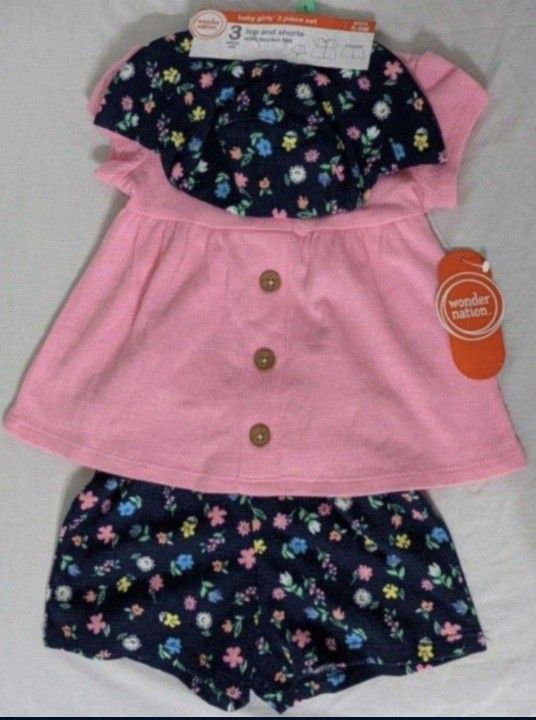 (6-9 Months) Baby Girl 3 PC Pink Floral Print Outfit Set 