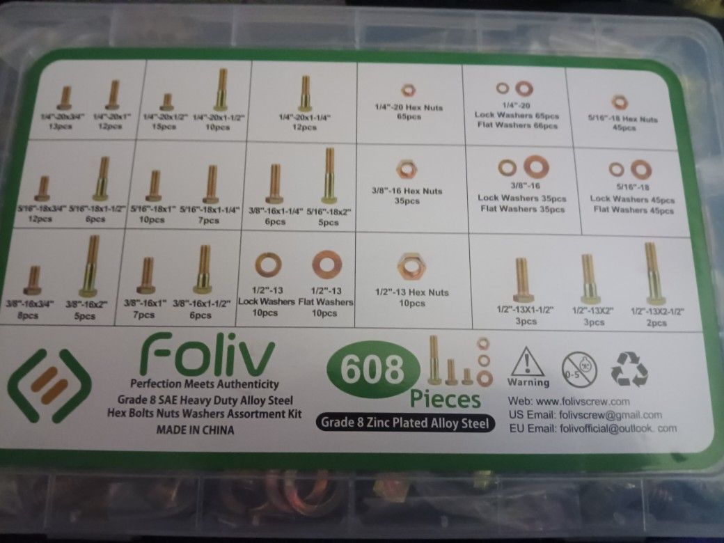 FOLIV 608 Pieces Grade 8 Zinc Plated Alloy Steel Hex Bolts Nuts Washers Assortment Kit