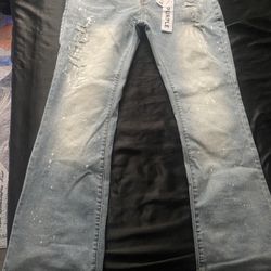 Size 38 Flared Purple Brand Jeans Light Blue Paint Splatter 