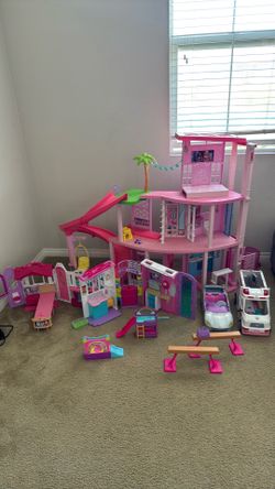 Barbie Dreamhouse, vet office, small house, two vehicle vehicles, bounce house and gymnastics beams