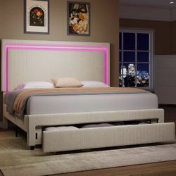 Queen bed frame with drawers&Led, full platform bed frame with storage under the bed, corduroy upholstery, no box spring required, gray color