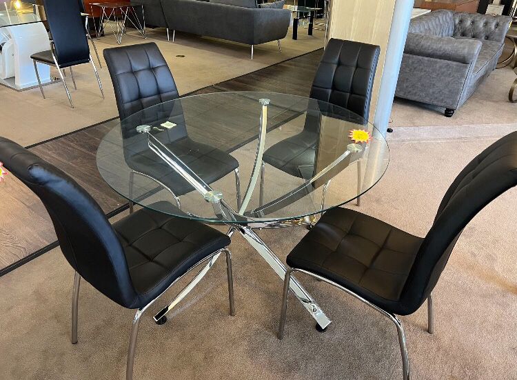 Modern 5-pc Dining Set Clear Glass Table Top With Black PU Upholstered Chairs