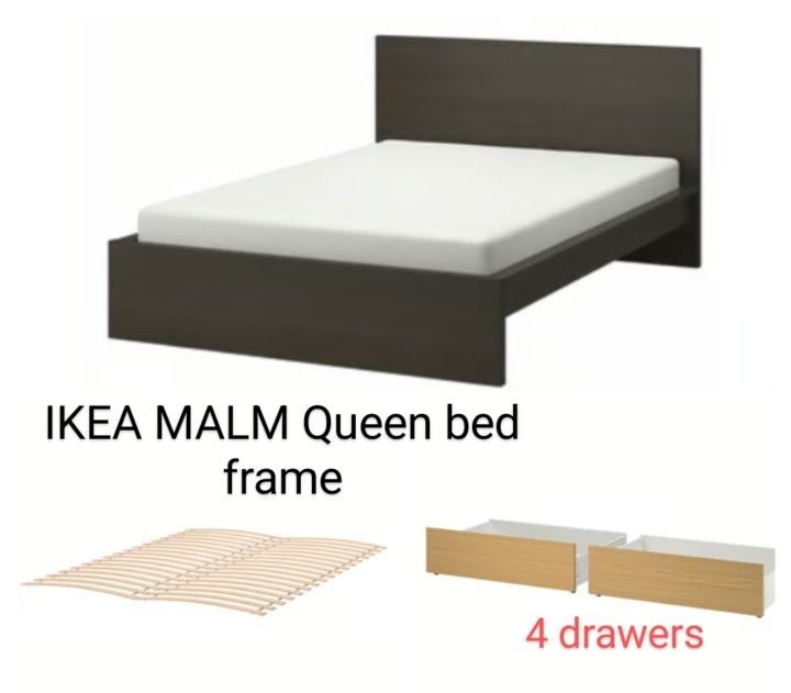 IKEA MALM Queen Bed Frame With Slat base And 4 Under Bed Drawers