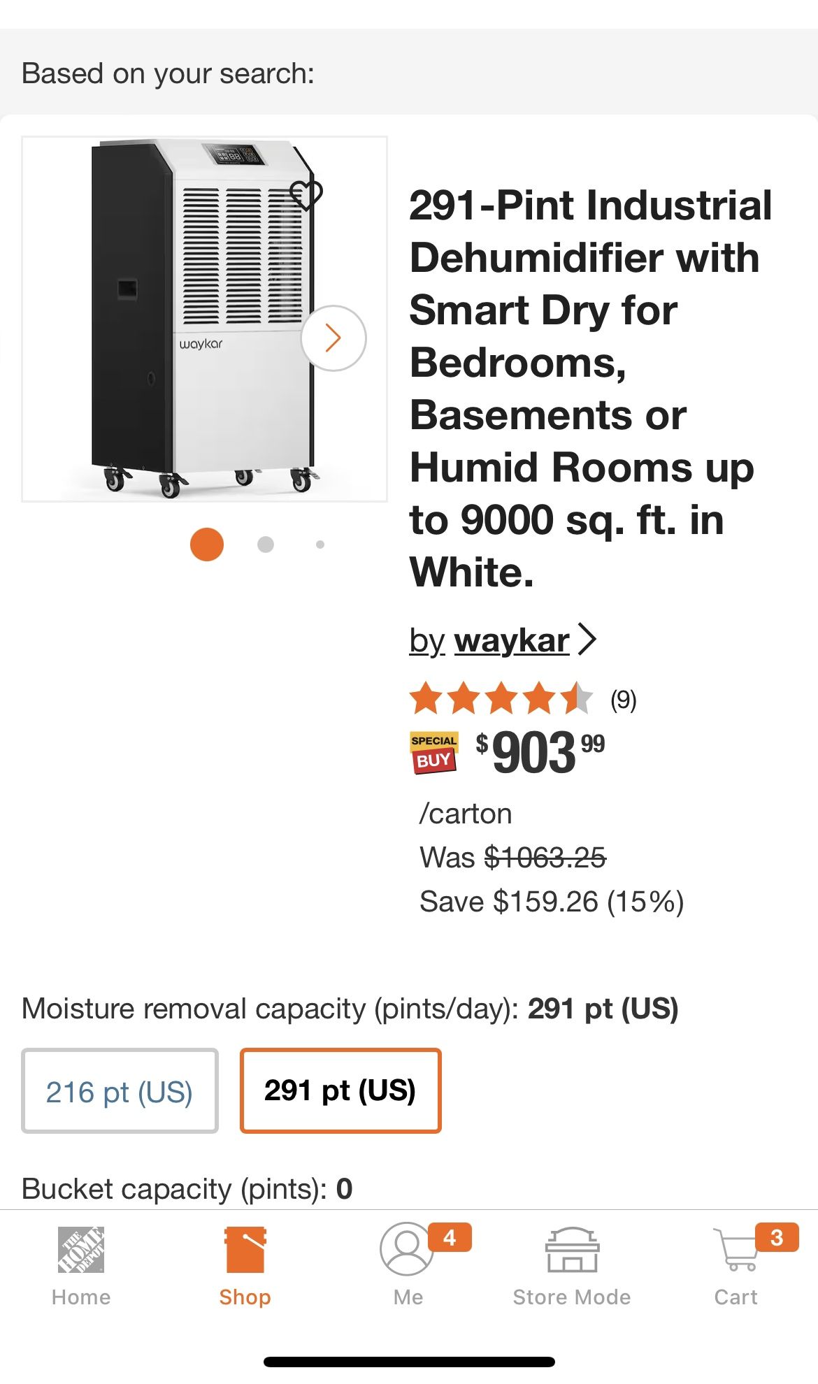 291-Pint Industrial Dehumidifier with Smart Dry for Bedrooms, Basements or Humid Rooms up to 9000 sq. ft. in White.