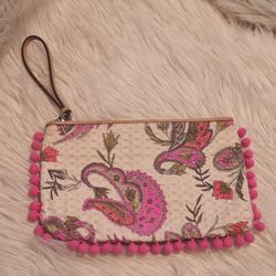 LOFT Wristlet Pink Pompom Paisley Pattern