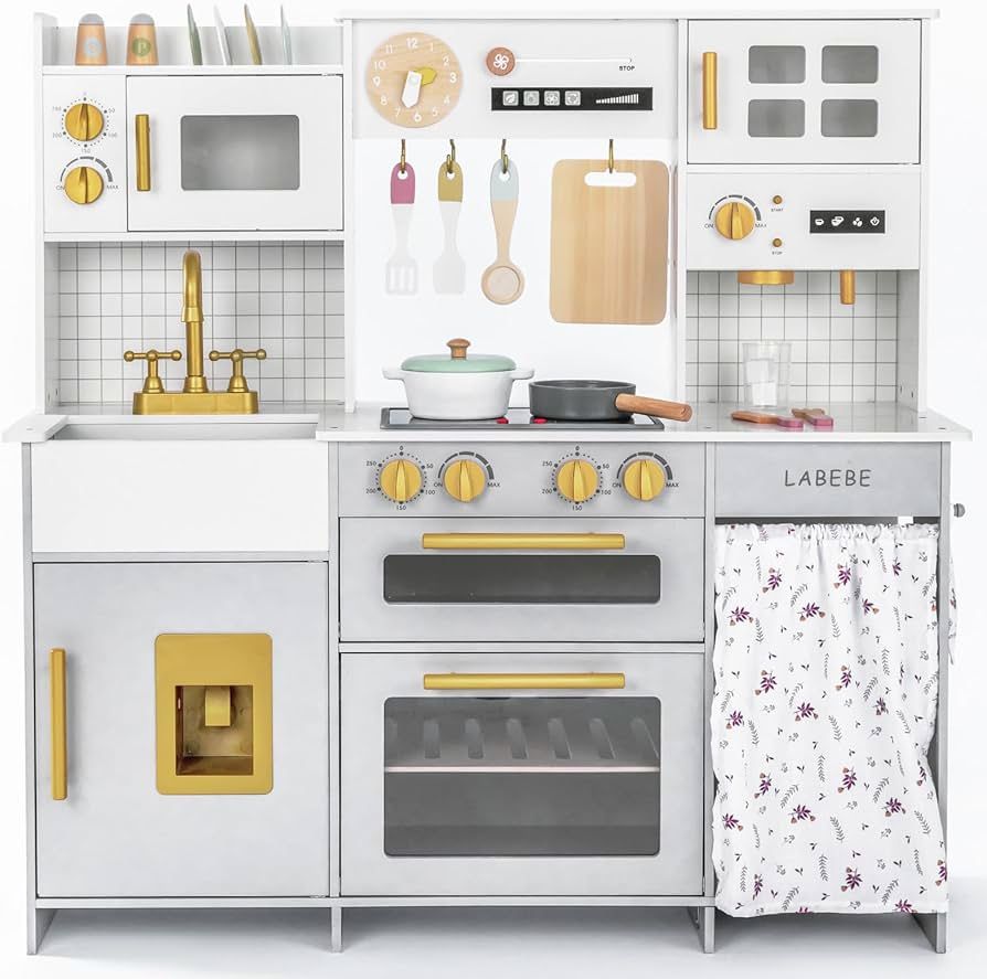 Labebe Wooden Kids Play Kitchen, Toy Kitchen Set with Plenty of Play Features & Cookware, Toddler Kitchen Playset Designed in Trendy Home Style for Bo