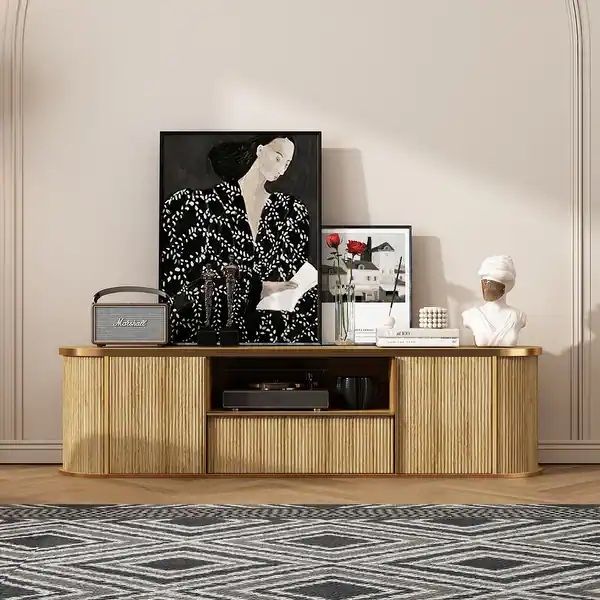 Natural Wood TV Stand with Gold Handles Entertainment Center, Media Console & Storage Cabinet