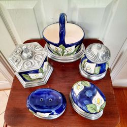 7-pc Vintage Ceramic Pottery Jar Urn Box Dish with Metal Pewter lid and leg foot