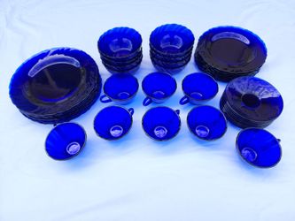 Duralex Vereco France Dish Set Cobalt Blue Rivage Swirl Pattern 40 PC