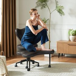 Pinmoco Ergonomic Cross Legged Chair, 360° Swivel Meditation Chair with Wheels, Height Adjustable Seat for ADHD, Strong Lumbar Support, Chic Home Offi