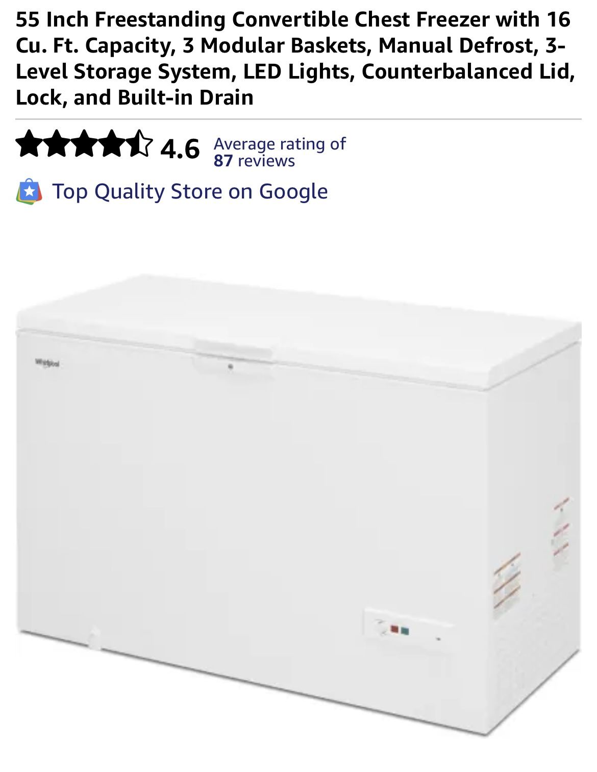 *NEW Whirlpool  55 Inch Convertible Chest Freezer
