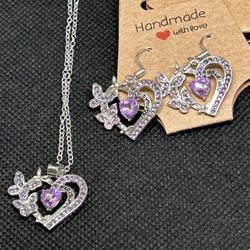 Silver Tone “I Love You” Purple Heart & Butterfly Necklace & Earring Set