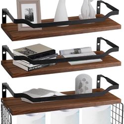 Floating Shelves with Wire Storage Basket Set of 3,Bathroom Shelf Over Toilet with Protective Metal Guardrail,Wall Mounted Rustic Wood Shelve