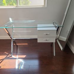 Glass Top Desk With Stainless Steel Legs And 2 Draws
