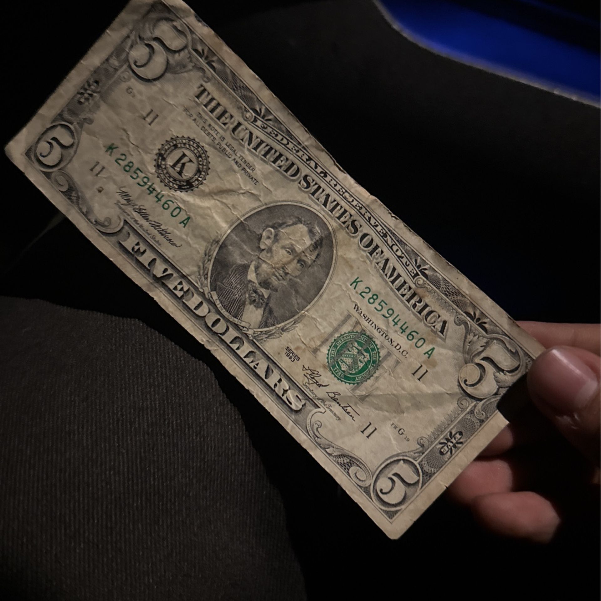 1993 Vintage 5$ Bill 