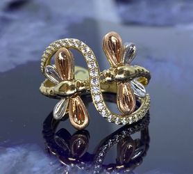 $775 Three Tone Yellow White and Rose Gold Dragonfly Ring