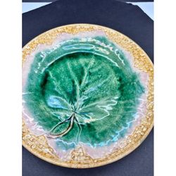 Antique Etruscan Majolica Plate Green Leaf Yellow Basketsweave Pink border Antique