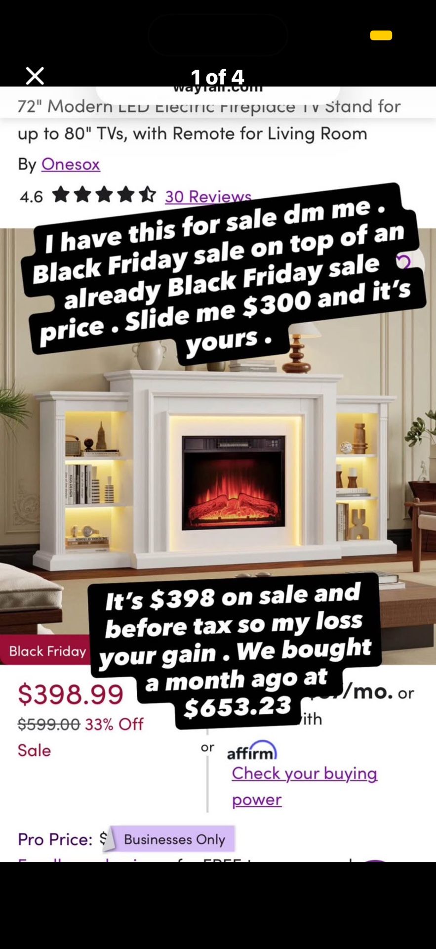 72" Modern LED Electric Fireplace TV Stand for up to 80" TVs, with Remote for Living Room