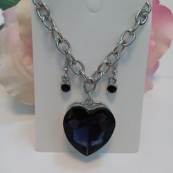 Purple Crystal Heart Necklace Silver Tone 