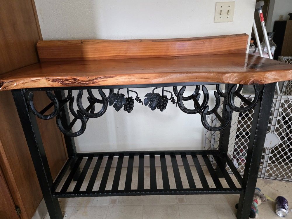 Handcrafted Live-Edge Cedar Bar with Steel Legs & Horseshoe Wine Rack