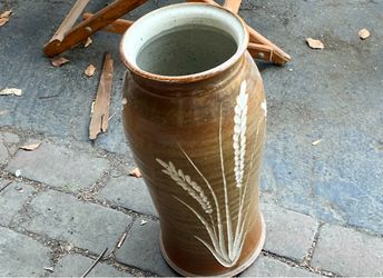 Tall Brown Ceramic Floor Vase with Wheat Design