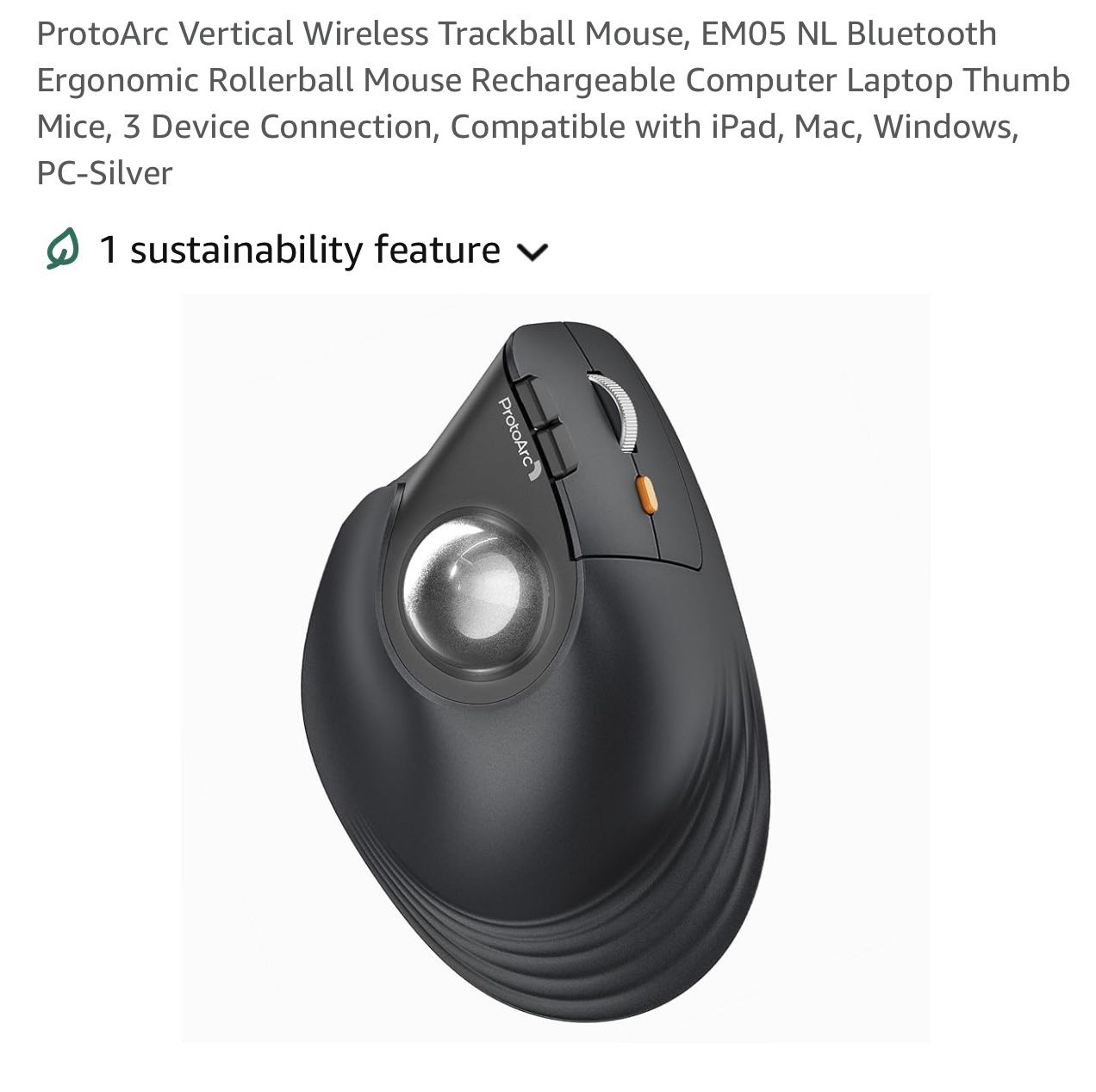 ProtoArc Vertical Wireless Trackball Mouse, EM05 NL Bluetooth Ergonomic Rollerball Mouse Rechargeable Computer Laptop Thumb Mice, 3 Device Connection,