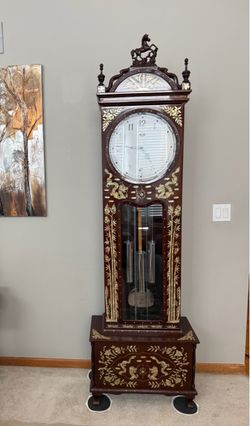 Grandfather Clock Mother Of Pearls Movement Made In Germany 7ft Tall