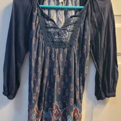 Vintage America navy blue paisley print 3/4 sleeve tunic blouse.  Women's Small